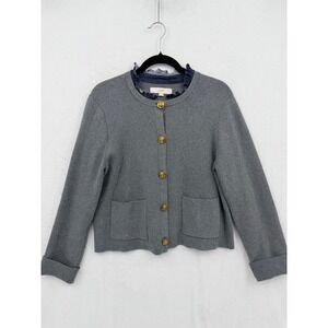 LOFT Gray Cotton Blend Ruffle Trim Cardigan Gold Crest Button Sweater L Career